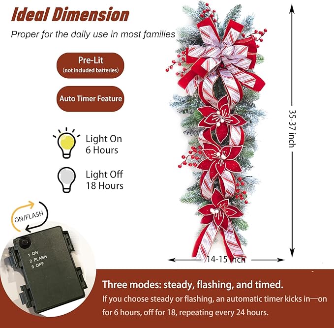 36 Inch Pre-Lit Christmas Teardrop Swag, Winter Holiday Swags Wreaths with Red Velvet Glitter Stripe Ribbon, Artificial Red Berries for Front Door, Wall Window Fireplace Artificial Decor