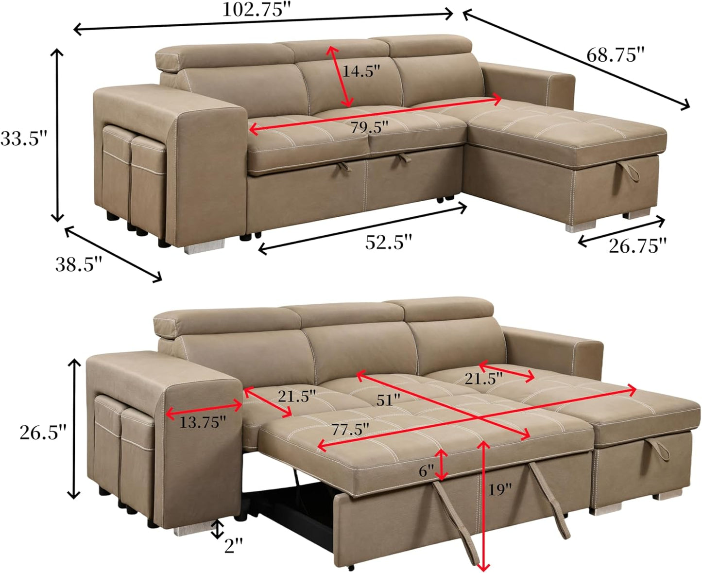 104'' Microfiber L Shaped Sectional Sleeper Sofa Couch with Pull Out Bed and Storage Ottoman, Convertible Couches with Adjustable Headrest for Living Room, Right Facing Chaise. Beige