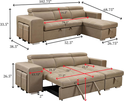 104'' Microfiber L Shaped Sectional Sleeper Sofa Couch with Pull Out Bed and Storage Ottoman, Convertible Couches with Adjustable Headrest for Living Room, Right Facing Chaise. Beige