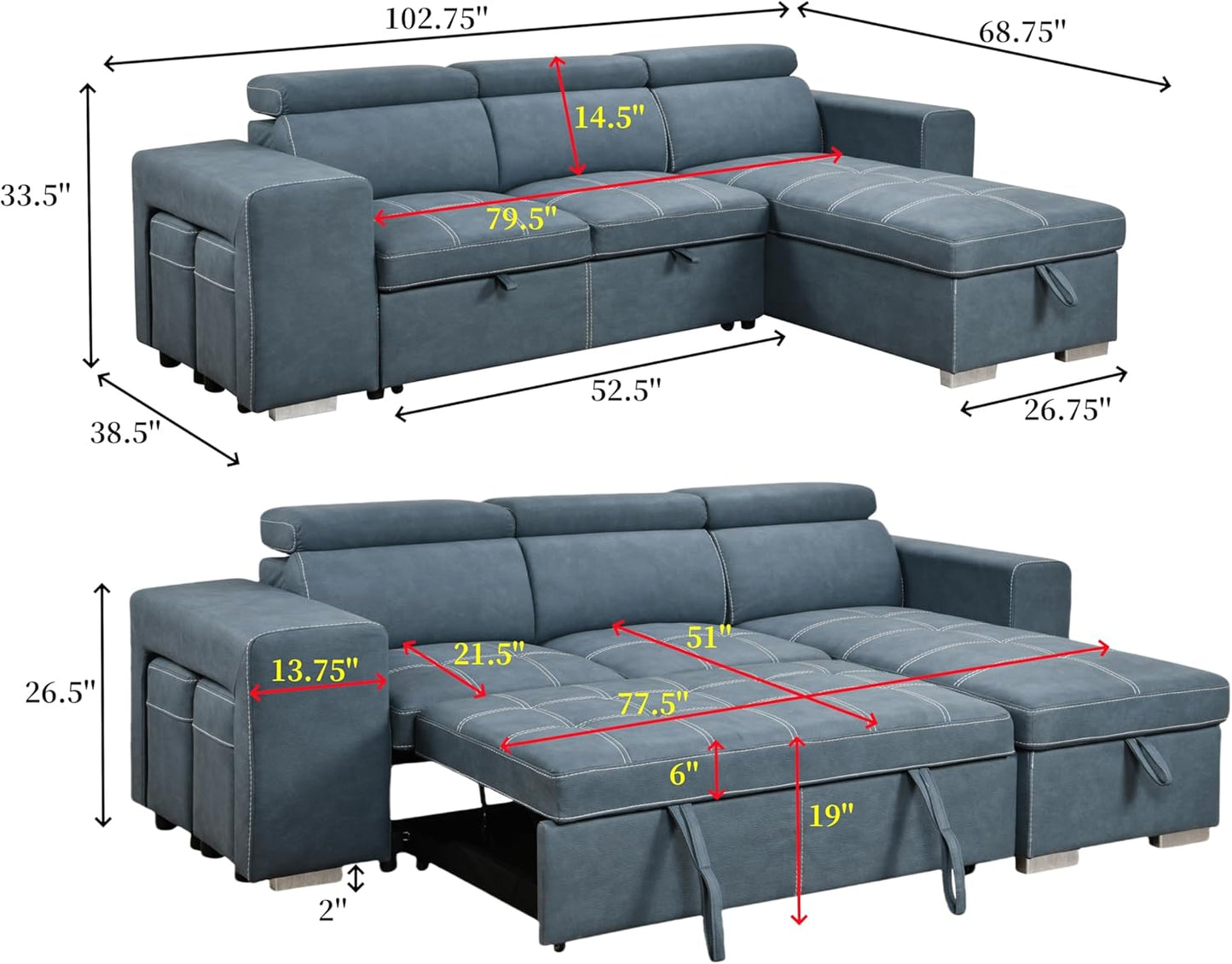104'' Microfiber L Shaped Sectional Sleeper Sofa Couch with Pull Out Bed and Storage Ottoman, Convertible Couches with Adjustable Headrest for Living Room, Right Facing Chaise. Beige