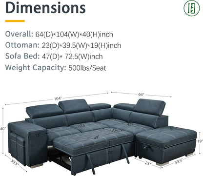 104'' Microfiber L Shaped Sectional Sleeper Sofa Couch with Pull Out Bed and Storage Ottoman, Convertible Couches with Adjustable Headrest for Living Room, Right Facing Chaise. Beige