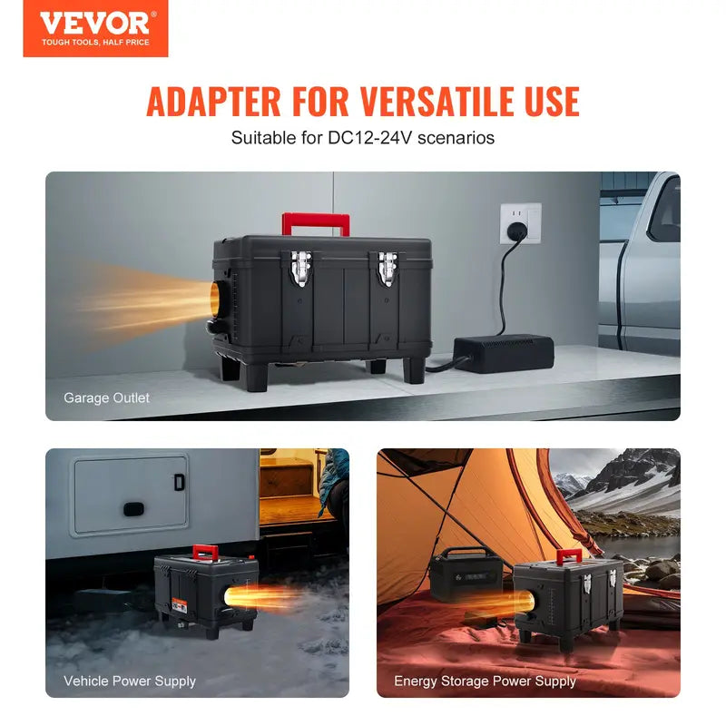 VEVOR 8KW Toolbox Diesel Heater, Upgraded 110V Adapter & CO Alarm, 12-24V All in One Diesel Air Heater, with Bluetooth APP/Remote Control and Display Screen, Fast Heating Portable Diesel Heater for Vehicles and Outdoors
