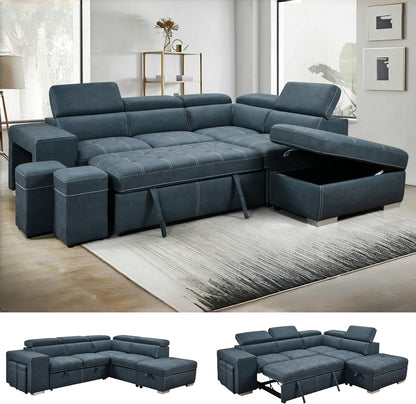 104'' Microfiber L Shaped Sectional Sleeper Sofa Couch with Pull Out Bed and Storage Ottoman, Convertible Couches with Adjustable Headrest for Living Room, Right Facing Chaise. Beige