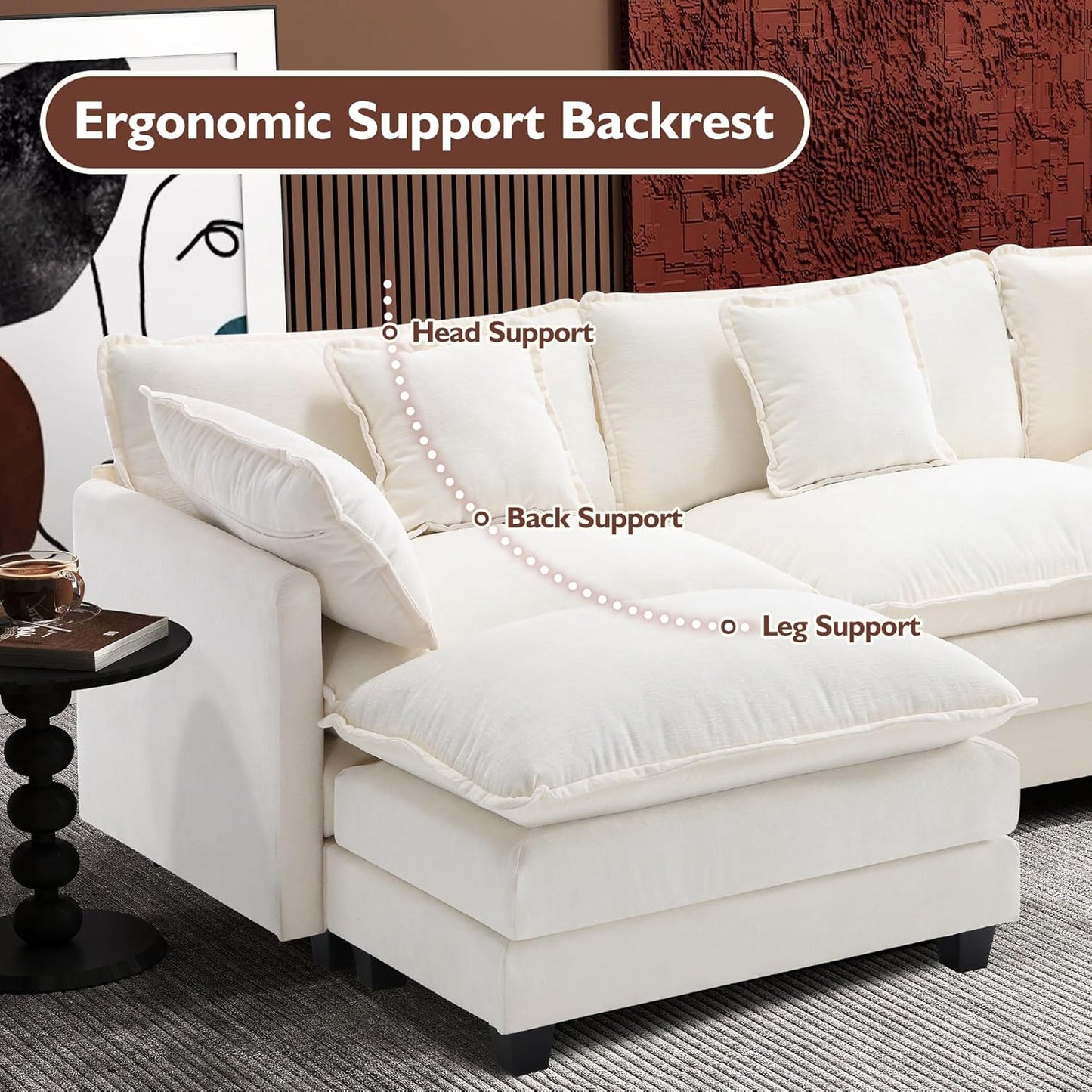 146" U-Shaped Modern Sofa Modular Sectional Cloud Couch with 2 Ottoman, 6-Seat Chenille Deep Seat Sofa with 6 Pillows for Living Room, Bedroom and Apartment, Grey