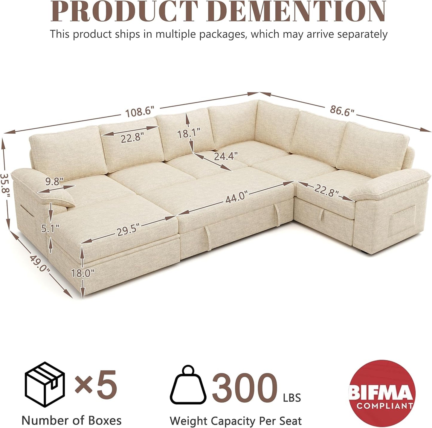 108 Inch Sectional Sleeper Sofa with Pull Out Bed, U Shaped 7 Seat Modular Sectional Sofa with Storage, Sectional Couches for Living Room, Cloud Modular Couch,Removable Sofa Cover, Dark Grey