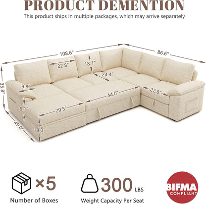 108 Inch Sectional Sleeper Sofa with Pull Out Bed, U Shaped 7 Seat Modular Sectional Sofa with Storage, Sectional Couches for Living Room, Cloud Modular Couch,Removable Sofa Cover, Dark Grey