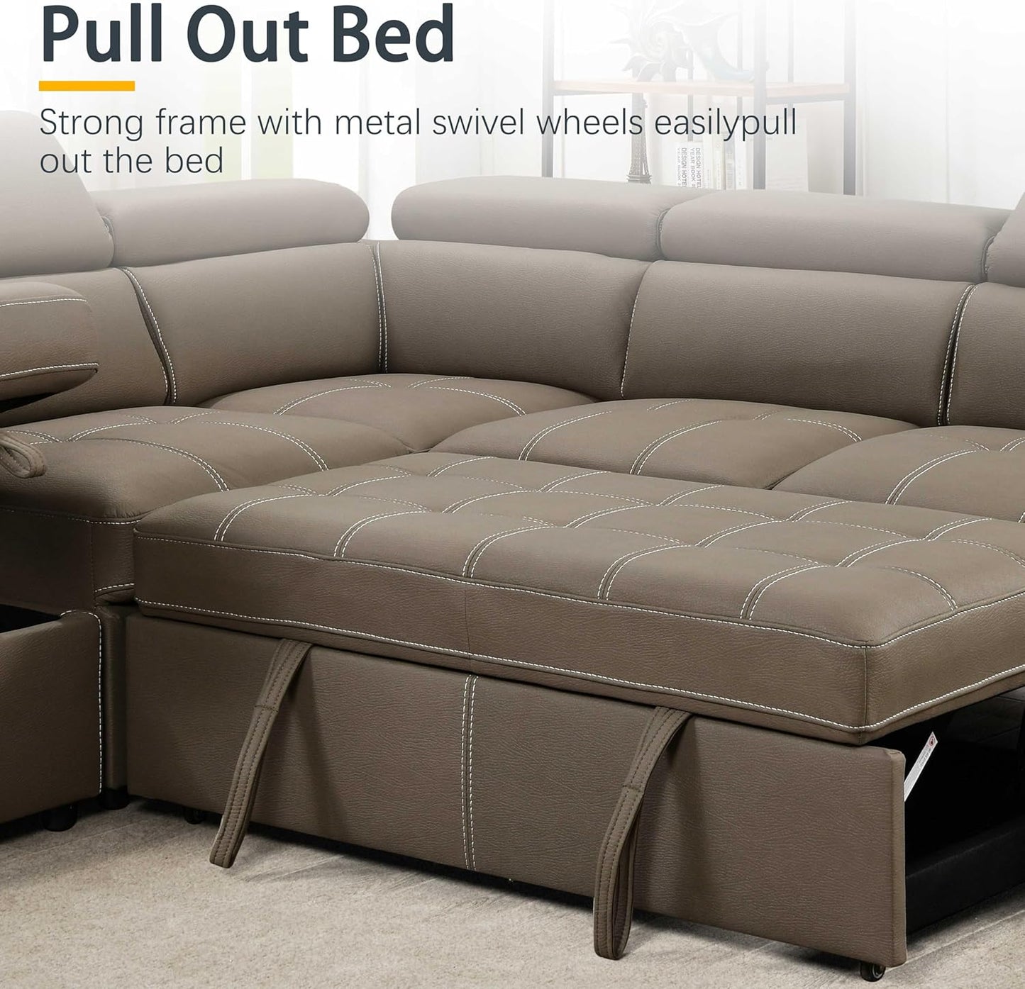 104'' Microfiber L Shaped Sectional Sleeper Sofa Couch with Pull Out Bed and Storage Ottoman, Convertible Couches with Adjustable Headrest for Living Room, Right Facing Chaise. Beige