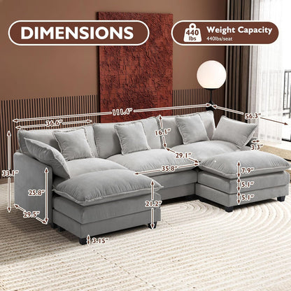 146" U-Shaped Modern Sofa Modular Sectional Cloud Couch with 2 Ottoman, 6-Seat Chenille Deep Seat Sofa with 6 Pillows for Living Room, Bedroom and Apartment, Grey