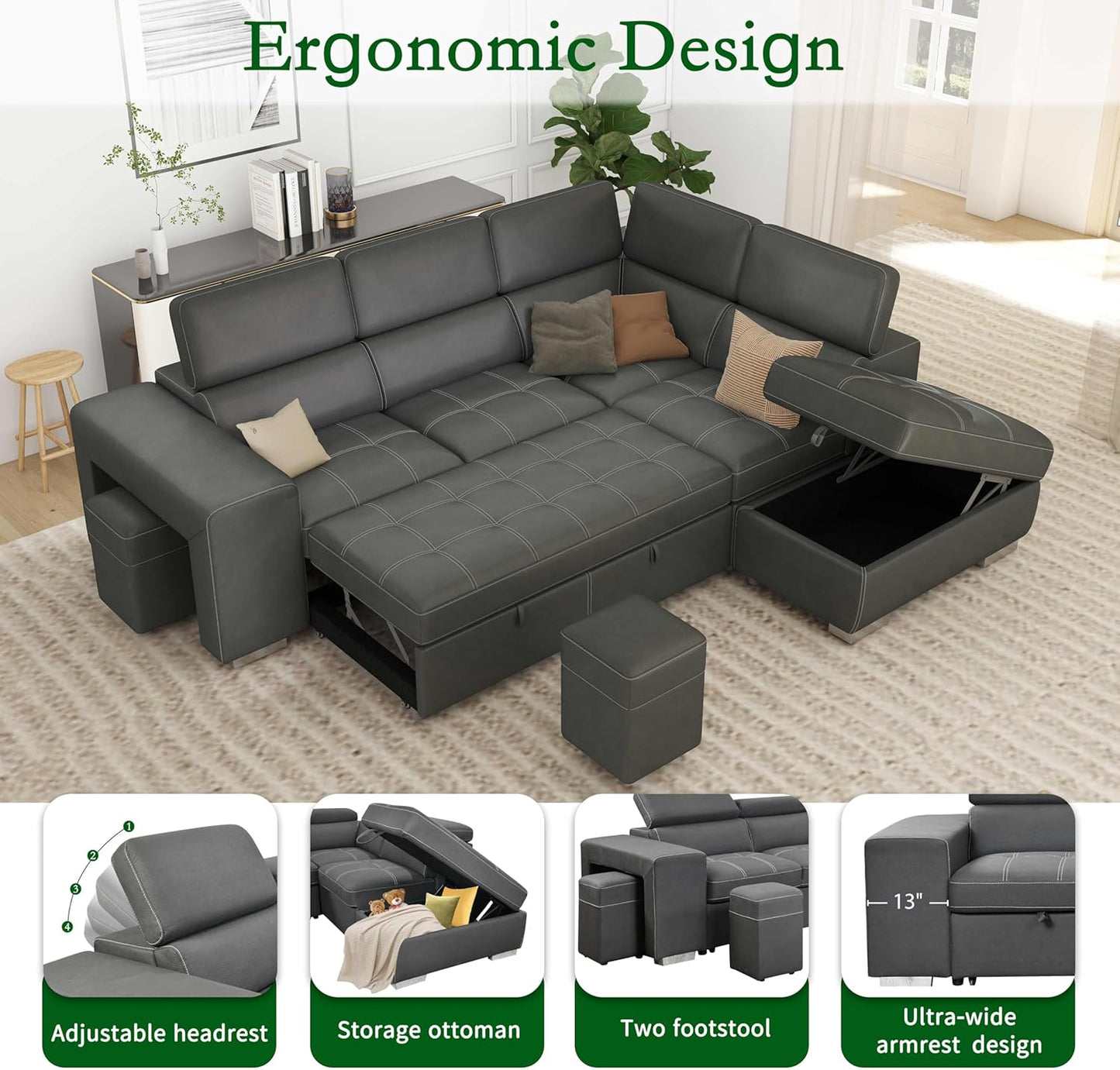 104'' Microfiber L Shaped Sectional Sleeper Sofa Couch with Pull Out Bed and Storage Ottoman, Convertible Couches with Adjustable Headrest for Living Room, Right Facing Chaise. Beige