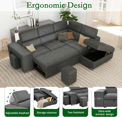 104'' Microfiber L Shaped Sectional Sleeper Sofa Couch with Pull Out Bed and Storage Ottoman, Convertible Couches with Adjustable Headrest for Living Room, Right Facing Chaise. Beige