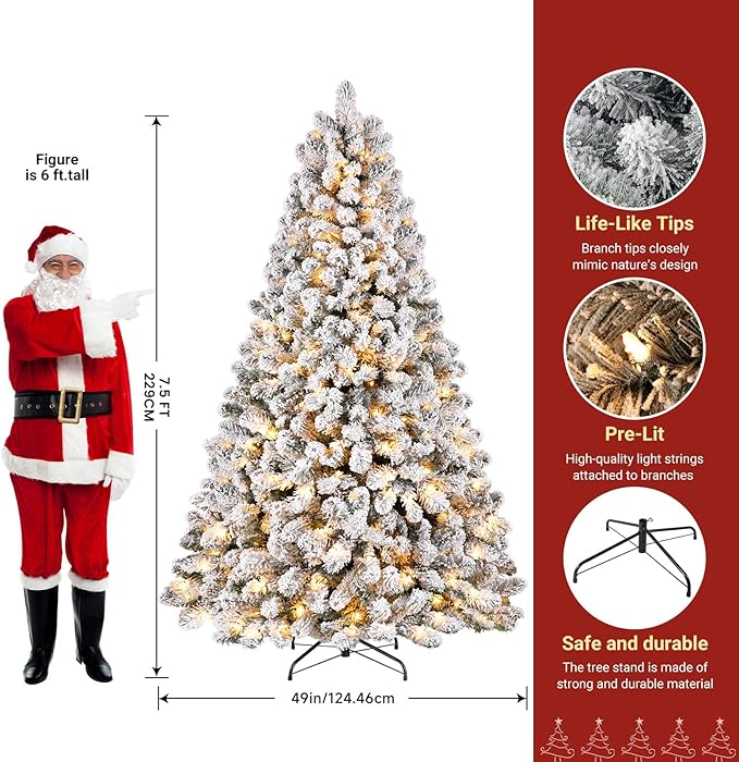 7.5ft Prelit Snow Flocked Spruce Artificial Christmas Tree with 350 Incandescent Warm White Lights, Foldable Stand, Snow Flocked Full Prelighted Xmas Tree W/1170 Branch Tips, 7.5 FT, White