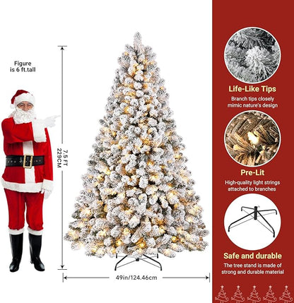 7.5ft Prelit Snow Flocked Spruce Artificial Christmas Tree with 350 Incandescent Warm White Lights, Foldable Stand, Snow Flocked Full Prelighted Xmas Tree W/1170 Branch Tips, 7.5 FT, White