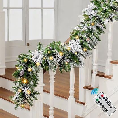 9FT Christmas Garland with Light,Pre-Lit Lush Branch Tips/Silver Flowers/Pine Cone,