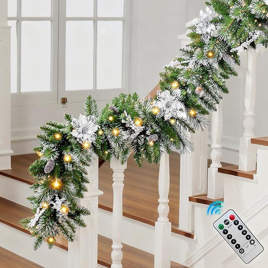 9FT Christmas Garland with Light,Pre-Lit Lush Branch Tips/Silver Flowers/Pine Cone,