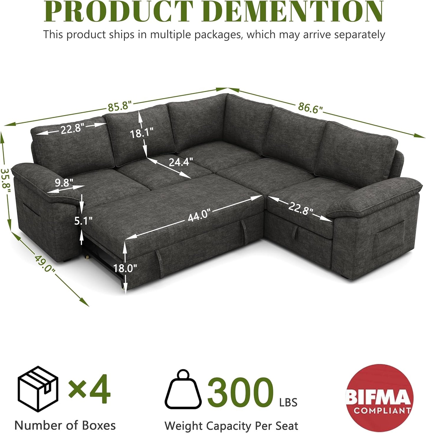 108 Inch Sectional Sleeper Sofa with Pull Out Bed, U Shaped 7 Seat Modular Sectional Sofa with Storage, Sectional Couches for Living Room, Cloud Modular Couch,Removable Sofa Cover, Dark Grey
