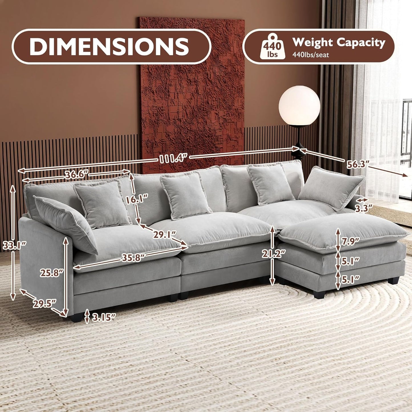 146" U-Shaped Modern Sofa Modular Sectional Cloud Couch with 2 Ottoman, 6-Seat Chenille Deep Seat Sofa with 6 Pillows for Living Room, Bedroom and Apartment, Grey