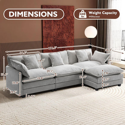 146" U-Shaped Modern Sofa Modular Sectional Cloud Couch with 2 Ottoman, 6-Seat Chenille Deep Seat Sofa with 6 Pillows for Living Room, Bedroom and Apartment, Grey