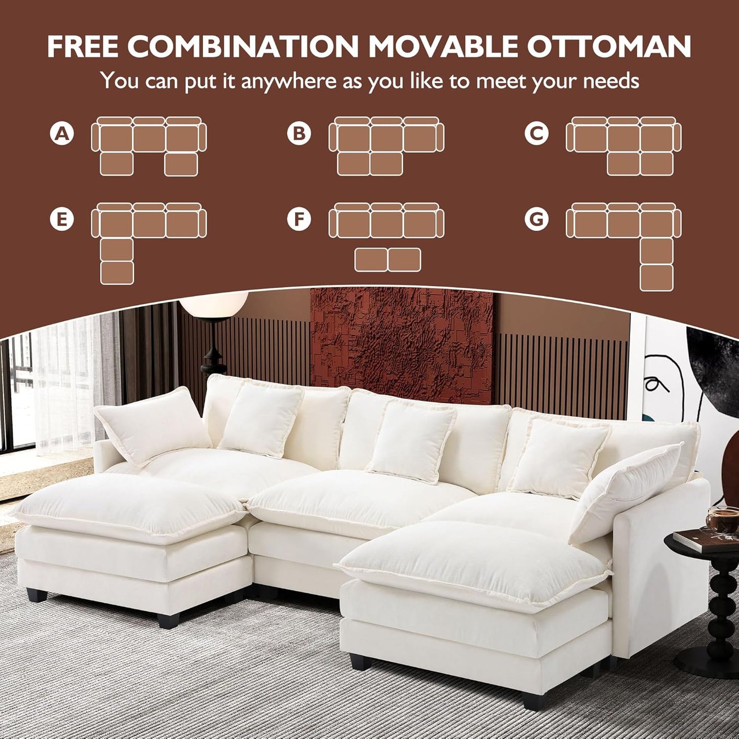 146" U-Shaped Modern Sofa Modular Sectional Cloud Couch with 2 Ottoman, 6-Seat Chenille Deep Seat Sofa with 6 Pillows for Living Room, Bedroom and Apartment, Grey