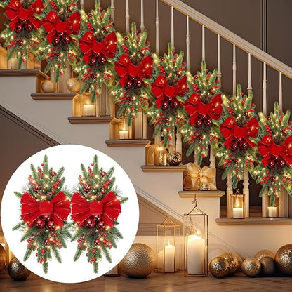 Lyrow 8 Pcs Christmas Artificial Swags 24" Xmas The Cordless Prelit Stairway Swag Teardrop Trim Wreath Door Stair Swag Garland Christmas Swags for Outdoor Home Garden Decor(Red,Ribbon)