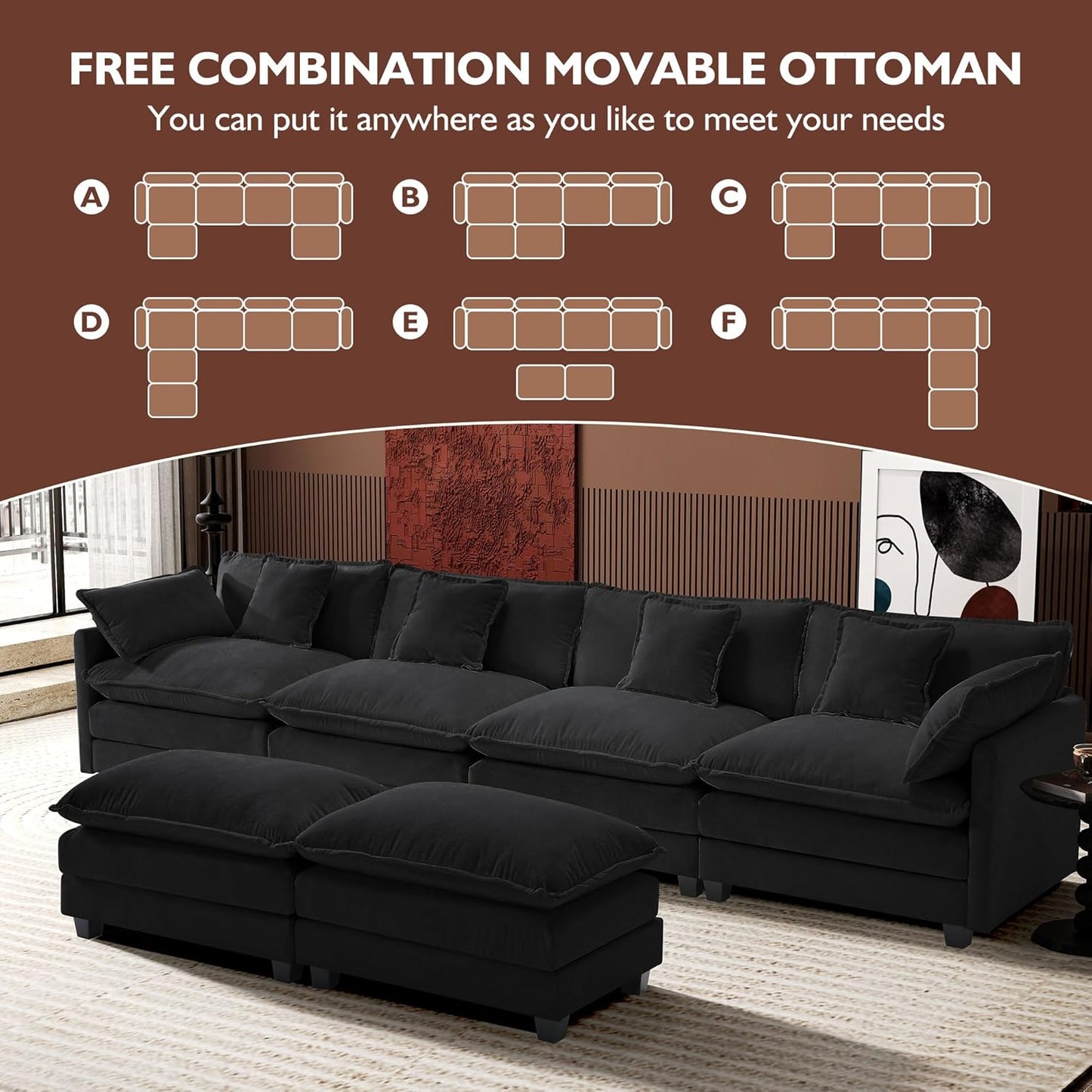 146" U-Shaped Modern Sofa Modular Sectional Cloud Couch with 2 Ottoman, 6-Seat Chenille Deep Seat Sofa with 6 Pillows for Living Room, Bedroom and Apartment, Grey