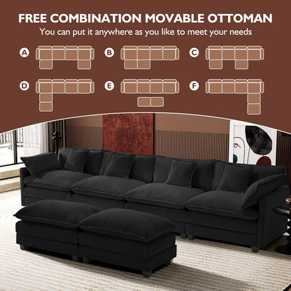 146" U-Shaped Modern Sofa Modular Sectional Cloud Couch with 2 Ottoman, 6-Seat Chenille Deep Seat Sofa with 6 Pillows for Living Room, Bedroom and Apartment, Grey