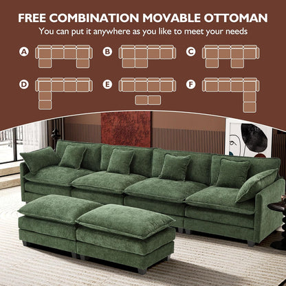 146" U-Shaped Modern Sofa Modular Sectional Cloud Couch with 2 Ottoman, 6-Seat Chenille Deep Seat Sofa with 6 Pillows for Living Room, Bedroom and Apartment, Grey