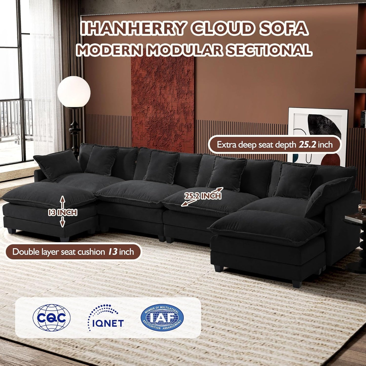 146" U-Shaped Modern Sofa Modular Sectional Cloud Couch with 2 Ottoman, 6-Seat Chenille Deep Seat Sofa with 6 Pillows for Living Room, Bedroom and Apartment, Grey