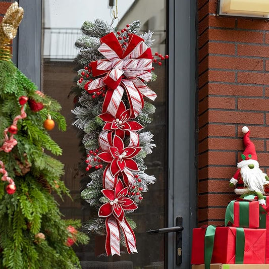 36 Inch Pre-Lit Christmas Teardrop Swag, Winter Holiday Swags Wreaths with Red Velvet Glitter Stripe Ribbon, Artificial Red Berries for Front Door, Wall Window Fireplace Artificial Decor