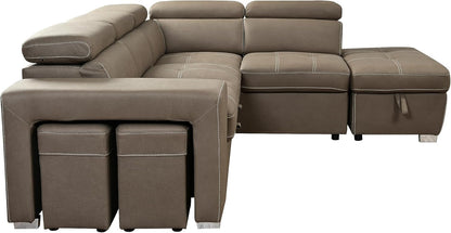 104'' Microfiber L Shaped Sectional Sleeper Sofa Couch with Pull Out Bed and Storage Ottoman, Convertible Couches with Adjustable Headrest for Living Room, Right Facing Chaise. Beige