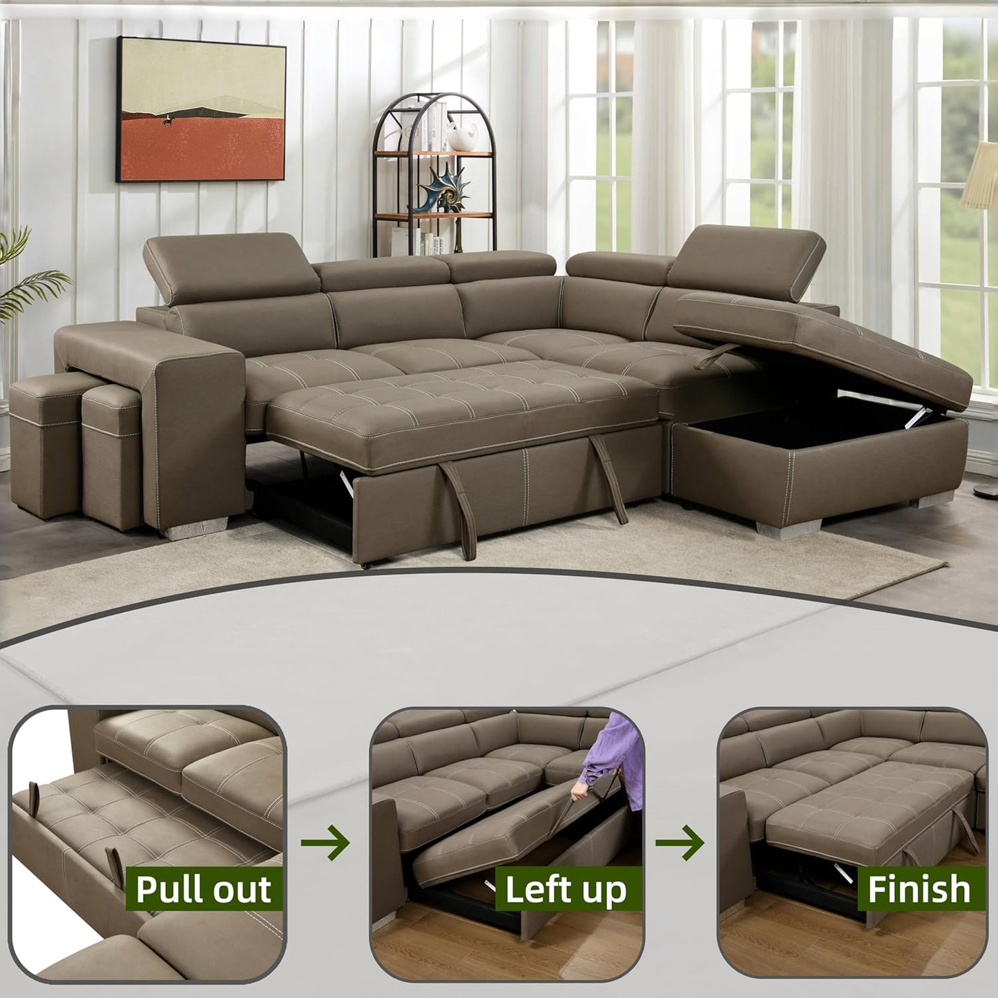 104'' Microfiber L Shaped Sectional Sleeper Sofa Couch with Pull Out Bed and Storage Ottoman, Convertible Couches with Adjustable Headrest for Living Room, Right Facing Chaise. Beige