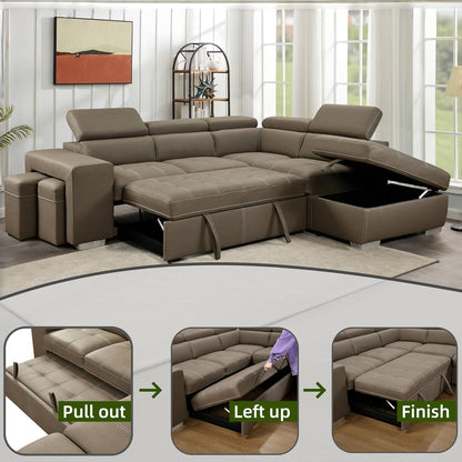 104'' Microfiber L Shaped Sectional Sleeper Sofa Couch with Pull Out Bed and Storage Ottoman, Convertible Couches with Adjustable Headrest for Living Room, Right Facing Chaise. Beige