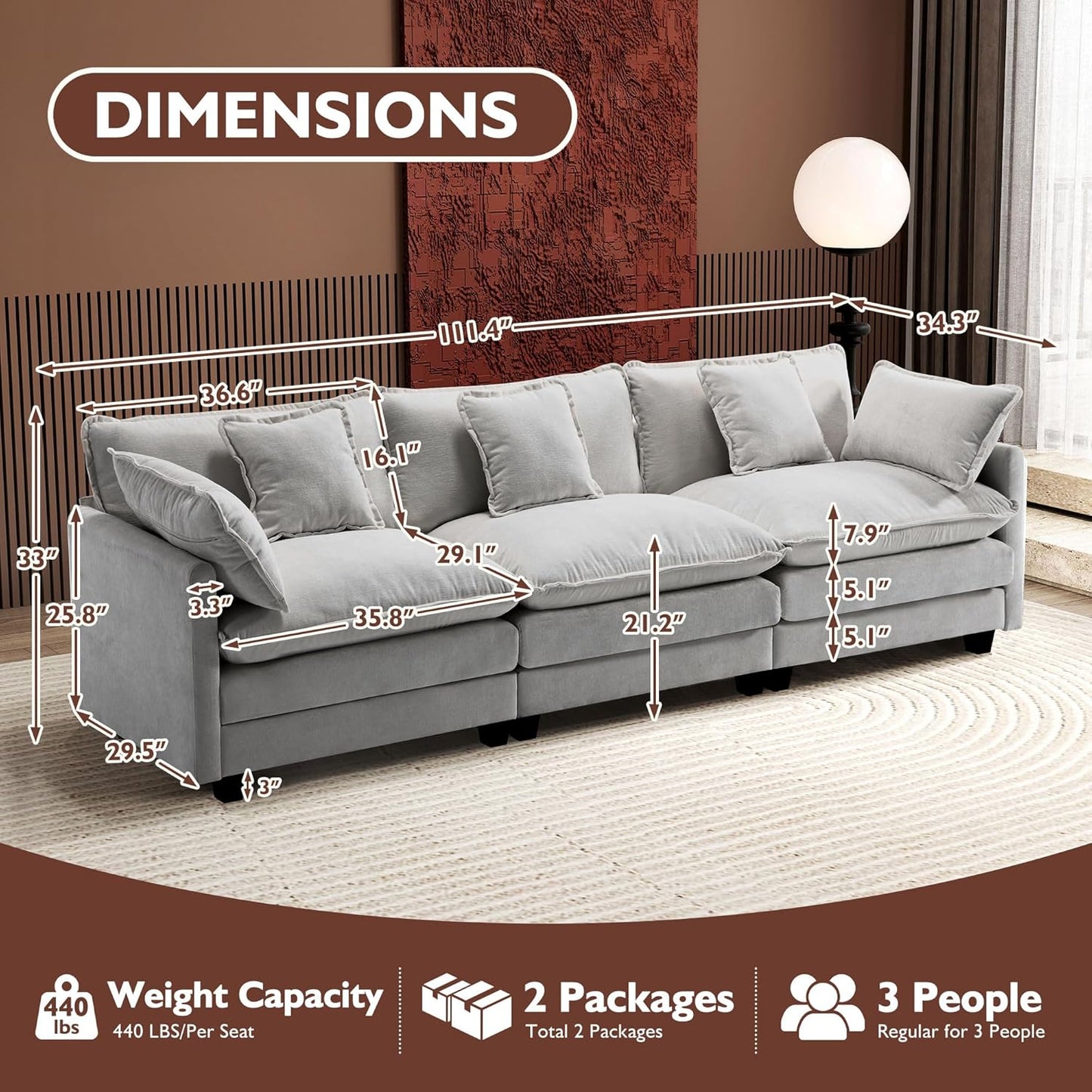 146" U-Shaped Modern Sofa Modular Sectional Cloud Couch with 2 Ottoman, 6-Seat Chenille Deep Seat Sofa with 6 Pillows for Living Room, Bedroom and Apartment, Grey