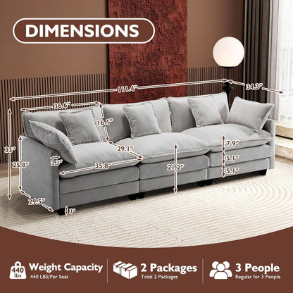 146" U-Shaped Modern Sofa Modular Sectional Cloud Couch with 2 Ottoman, 6-Seat Chenille Deep Seat Sofa with 6 Pillows for Living Room, Bedroom and Apartment, Grey