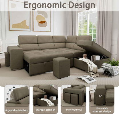 104'' Microfiber L Shaped Sectional Sleeper Sofa Couch with Pull Out Bed and Storage Ottoman, Convertible Couches with Adjustable Headrest for Living Room, Right Facing Chaise. Beige
