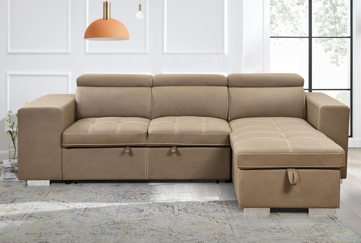 104'' Microfiber L Shaped Sectional Sleeper Sofa Couch with Pull Out Bed and Storage Ottoman, Convertible Couches with Adjustable Headrest for Living Room, Right Facing Chaise. Beige