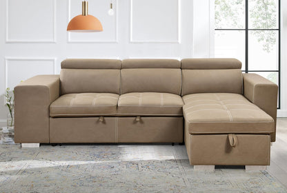 104'' Microfiber L Shaped Sectional Sleeper Sofa Couch with Pull Out Bed and Storage Ottoman, Convertible Couches with Adjustable Headrest for Living Room, Right Facing Chaise. Beige