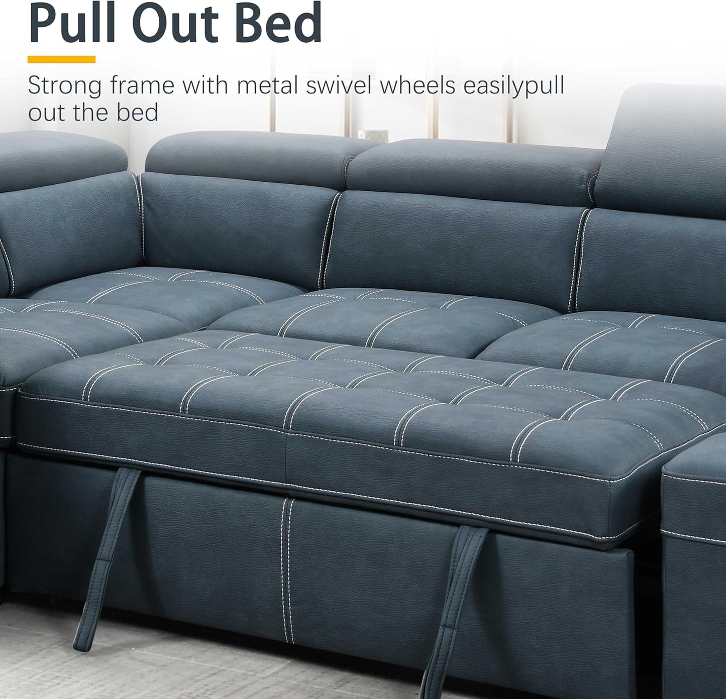 104'' Microfiber L Shaped Sectional Sleeper Sofa Couch with Pull Out Bed and Storage Ottoman, Convertible Couches with Adjustable Headrest for Living Room, Right Facing Chaise. Beige