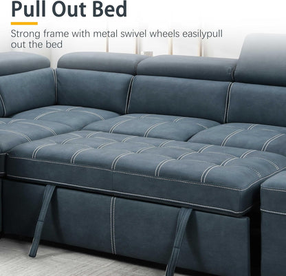 104'' Microfiber L Shaped Sectional Sleeper Sofa Couch with Pull Out Bed and Storage Ottoman, Convertible Couches with Adjustable Headrest for Living Room, Right Facing Chaise. Beige