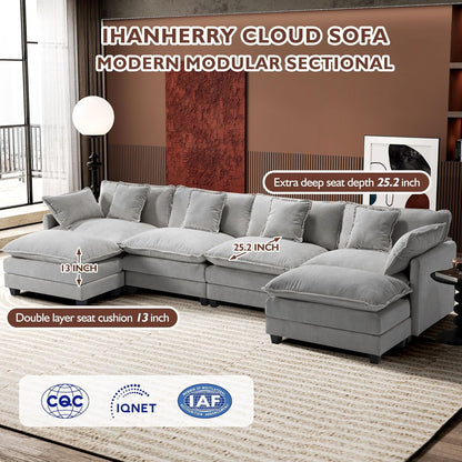146" U-Shaped Modern Sofa Modular Sectional Cloud Couch with 2 Ottoman, 6-Seat Chenille Deep Seat Sofa with 6 Pillows for Living Room, Bedroom and Apartment, Grey