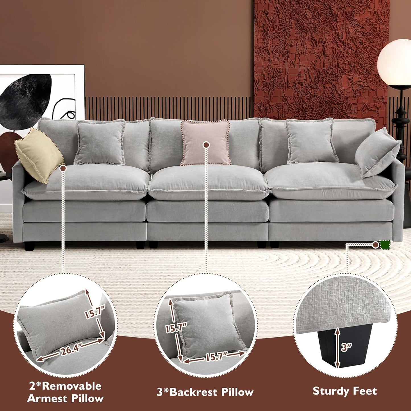 146" U-Shaped Modern Sofa Modular Sectional Cloud Couch with 2 Ottoman, 6-Seat Chenille Deep Seat Sofa with 6 Pillows for Living Room, Bedroom and Apartment, Grey