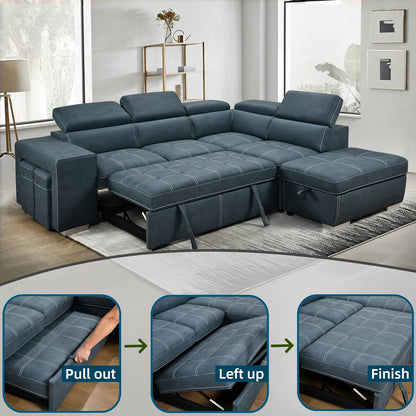 104'' Microfiber L Shaped Sectional Sleeper Sofa Couch with Pull Out Bed and Storage Ottoman, Convertible Couches with Adjustable Headrest for Living Room, Right Facing Chaise. Beige