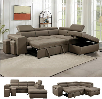 104'' Microfiber L Shaped Sectional Sleeper Sofa Couch with Pull Out Bed and Storage Ottoman, Convertible Couches with Adjustable Headrest for Living Room, Right Facing Chaise. Beige