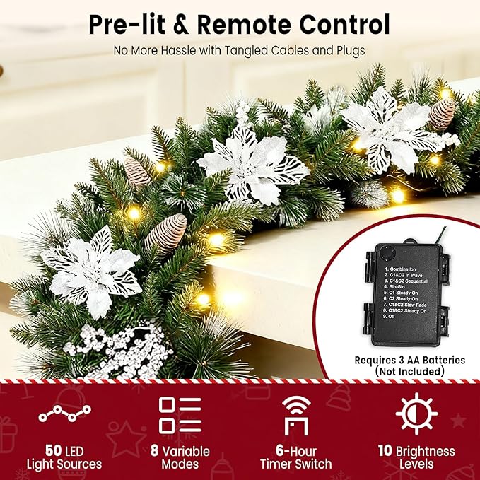 9FT Christmas Garland with Light,Pre-Lit Lush Branch Tips/Silver Flowers/Pine Cone,