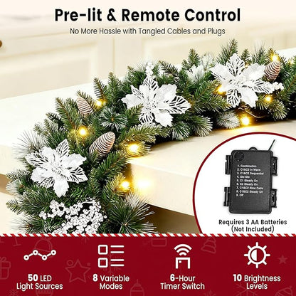 9FT Christmas Garland with Light,Pre-Lit Lush Branch Tips/Silver Flowers/Pine Cone,