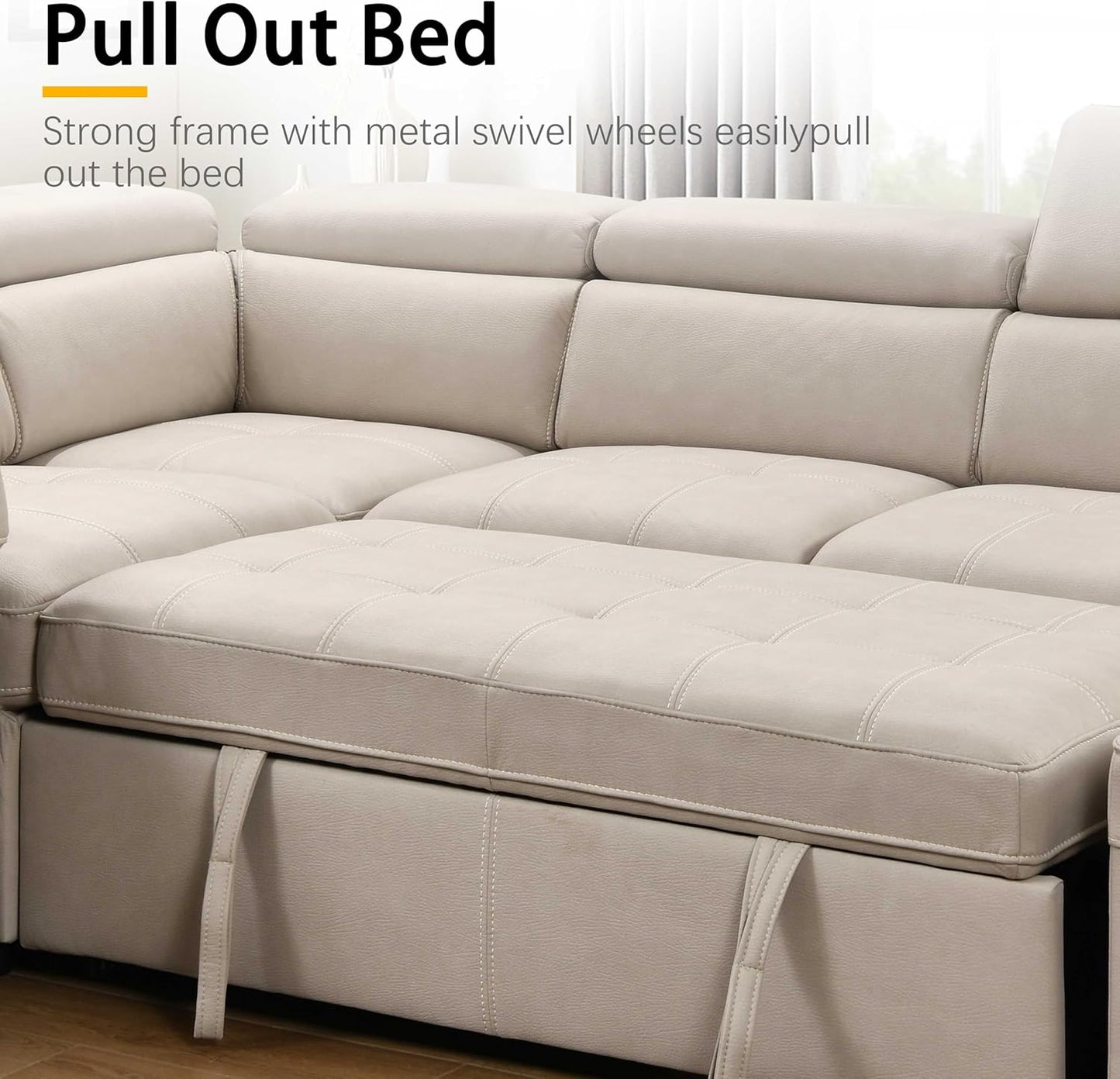 104'' Microfiber L Shaped Sectional Sleeper Sofa Couch with Pull Out Bed and Storage Ottoman, Convertible Couches with Adjustable Headrest for Living Room, Right Facing Chaise. Beige