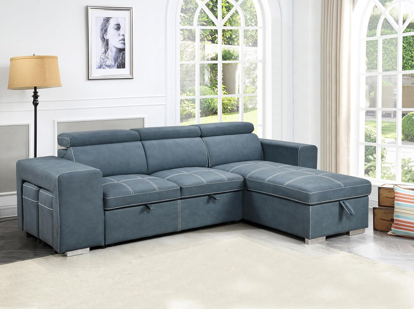 104'' Microfiber L Shaped Sectional Sleeper Sofa Couch with Pull Out Bed and Storage Ottoman, Convertible Couches with Adjustable Headrest for Living Room, Right Facing Chaise. Beige