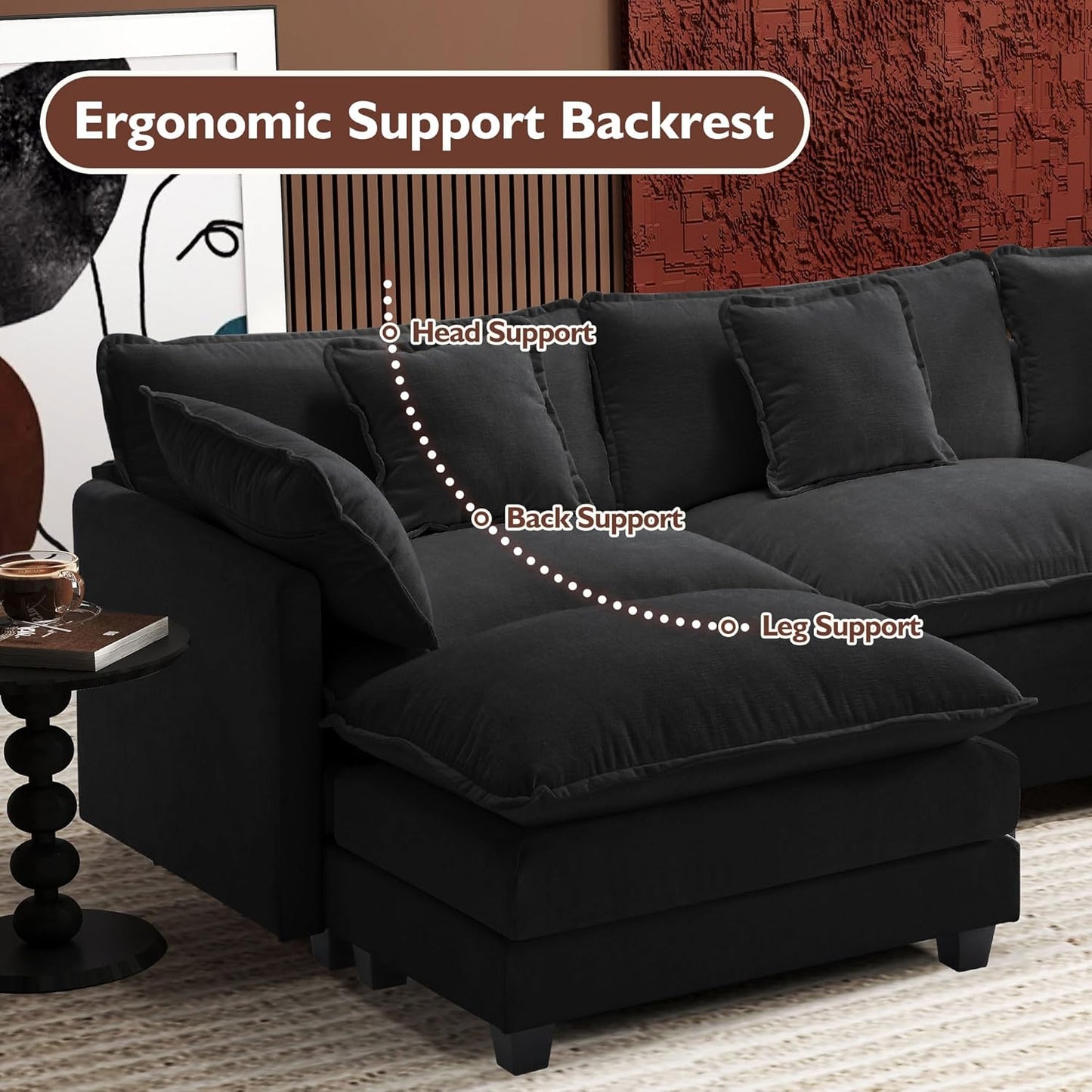 146" U-Shaped Modern Sofa Modular Sectional Cloud Couch with 2 Ottoman, 6-Seat Chenille Deep Seat Sofa with 6 Pillows for Living Room, Bedroom and Apartment, Grey