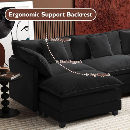 146" U-Shaped Modern Sofa Modular Sectional Cloud Couch with 2 Ottoman, 6-Seat Chenille Deep Seat Sofa with 6 Pillows for Living Room, Bedroom and Apartment, Grey