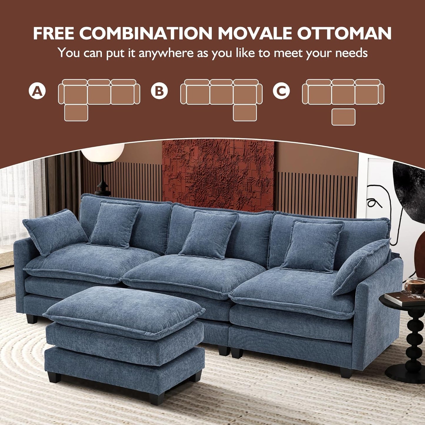 146" U-Shaped Modern Sofa Modular Sectional Cloud Couch with 2 Ottoman, 6-Seat Chenille Deep Seat Sofa with 6 Pillows for Living Room, Bedroom and Apartment, Grey