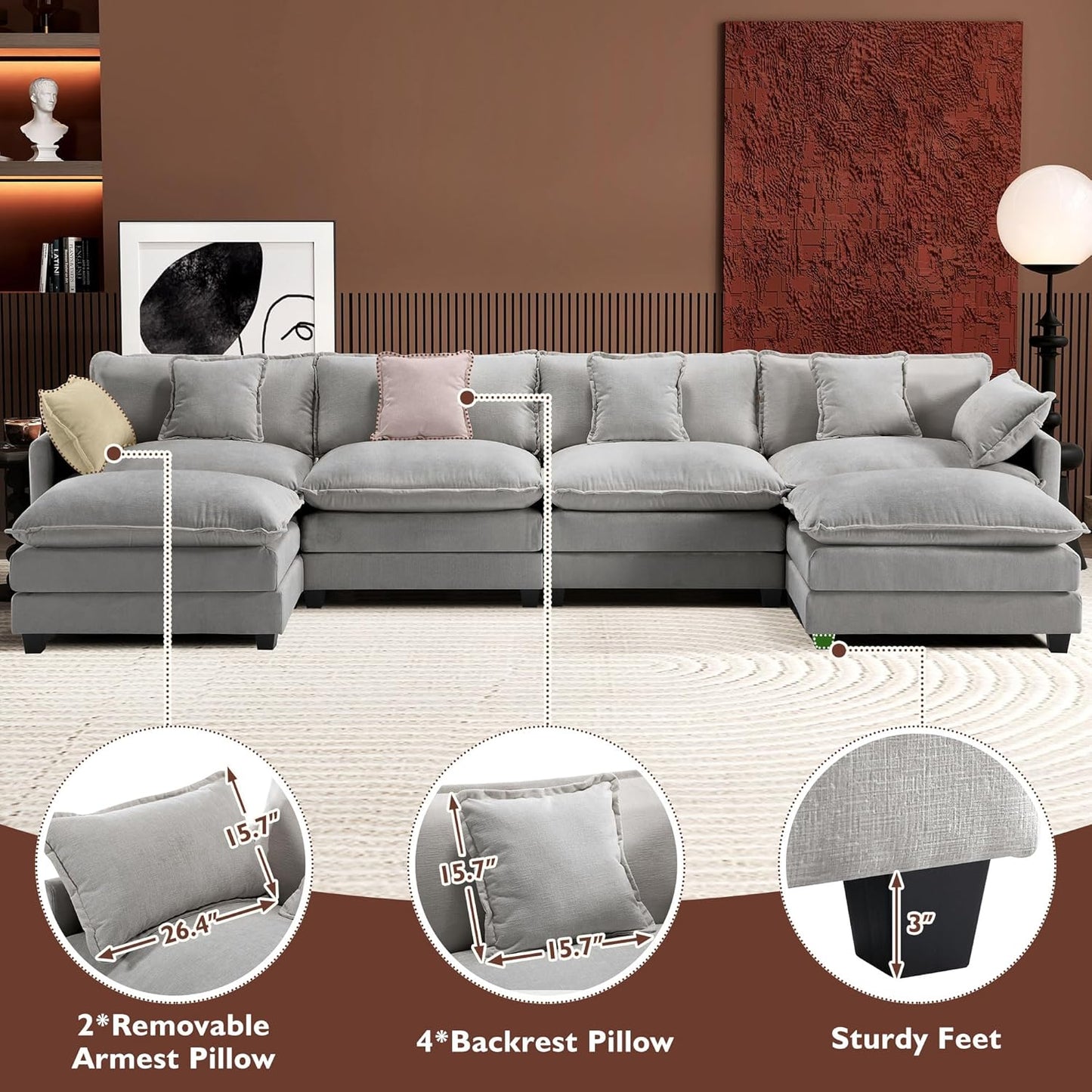 146" U-Shaped Modern Sofa Modular Sectional Cloud Couch with 2 Ottoman, 6-Seat Chenille Deep Seat Sofa with 6 Pillows for Living Room, Bedroom and Apartment, Grey